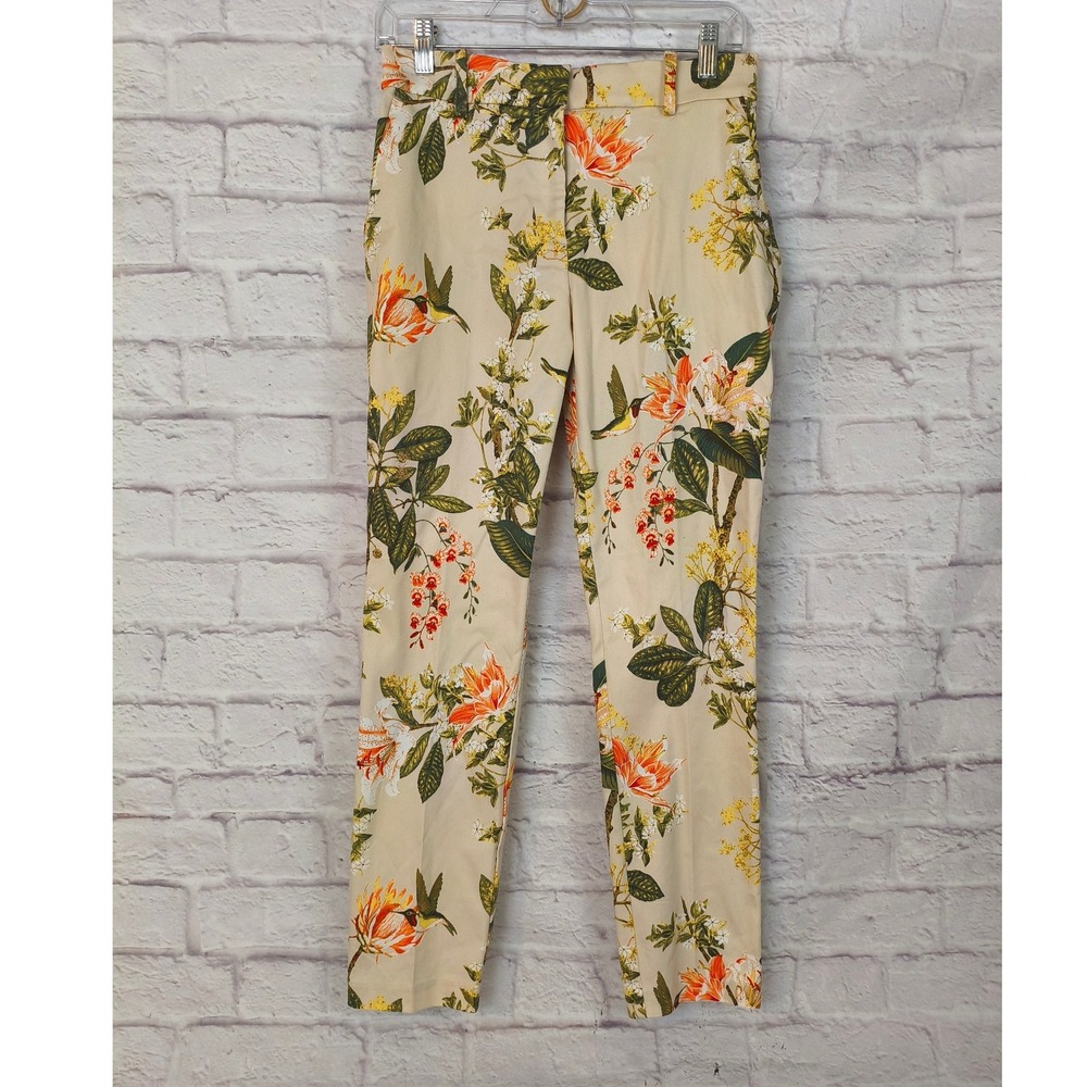 HM Floral Hummingbird Tropical Ankle Slacks Regular Waist Beige Size 6